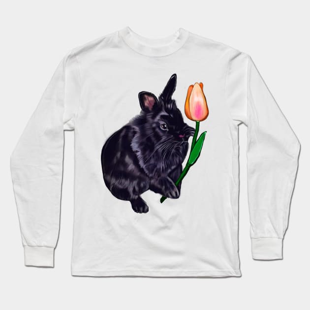 Cute black lionhead bunny rabbit with orange tulip -  Rabbits Long Sleeve T-Shirt by Artonmytee